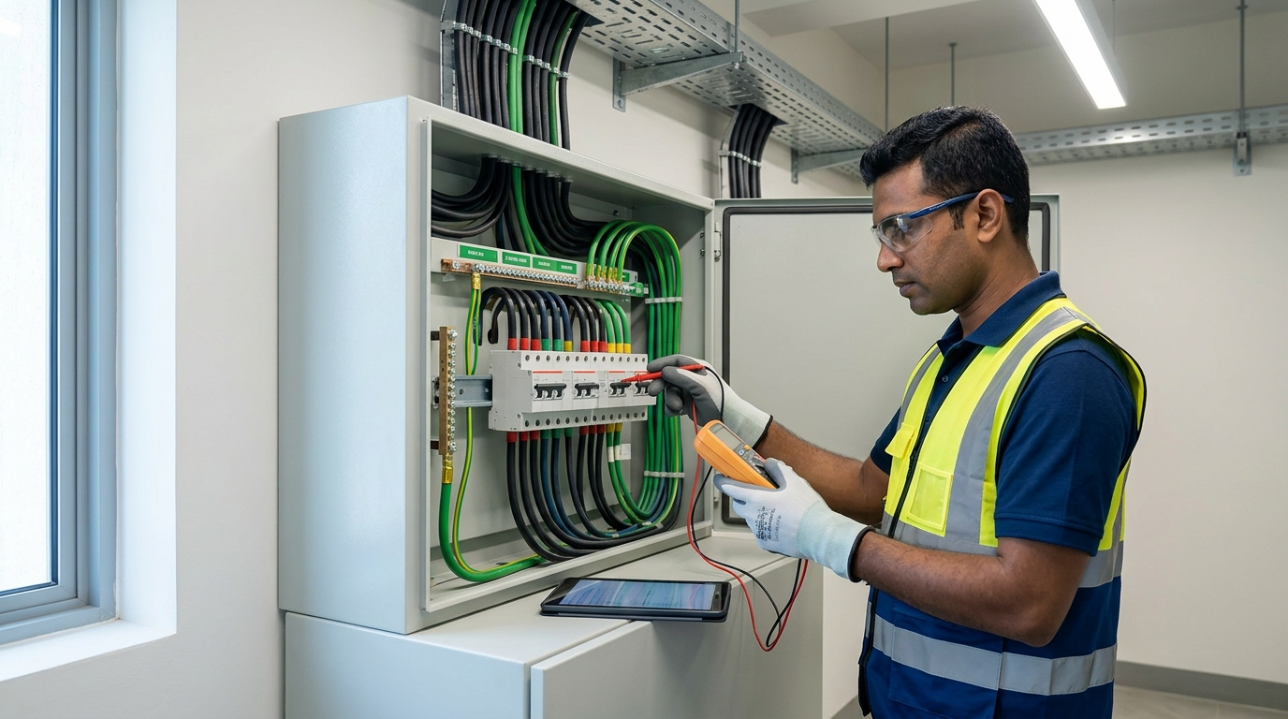 Photo: electrician at a distribution board